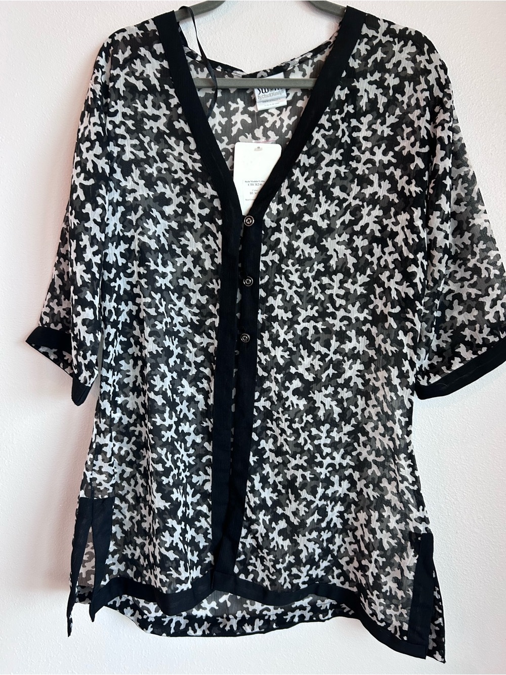 NWT Swim by Chuck Handy Black & White Sheer Cover-Up Kimono - Size 8